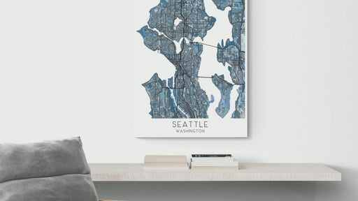 Seattle Washington city map print with a denim blue geometric design video by Maps As Art.