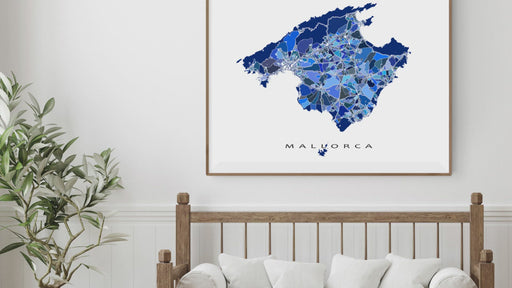 Mallorca Spain map print in a blue shapes design video by Maps As Art.