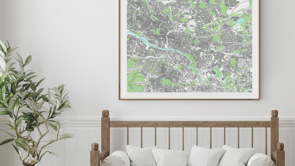 Glasgow, Scotland map art print with city streets and buildings video designed by Maps As Art