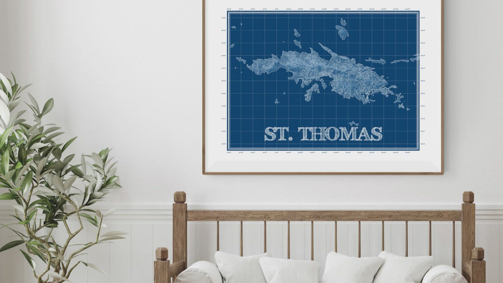 St. Thomas, USVI blueprint map art print video designed by Maps As Art.