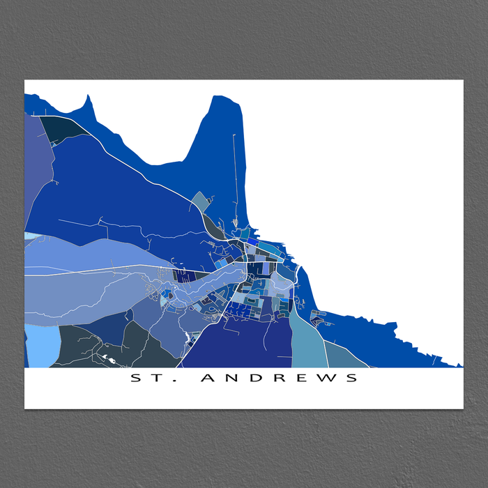 St. Andrews, Fife, Scotland map art print in blue shapes designed by Maps As Art.