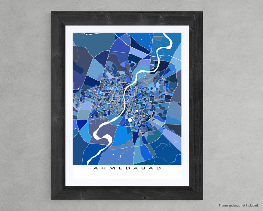 Ahmedabad, India map art print in blue shapes from Maps As Art.