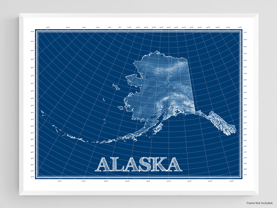 Alaska state blueprint map art print designed by Maps As Art.