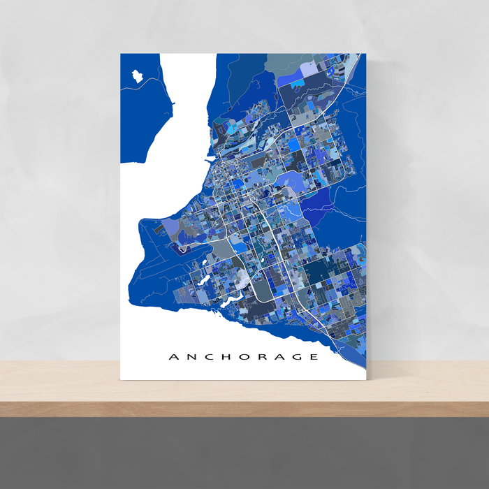 Anchorage, Alaska map art print in blue shapes from Maps As Art.