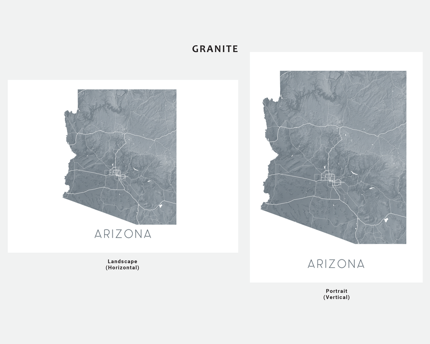 Arizona state map print in Granite by Maps As Art.