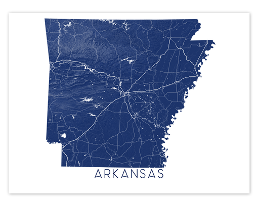 Arkansas state map print with a 3D topographic landscape design by Maps As Art.