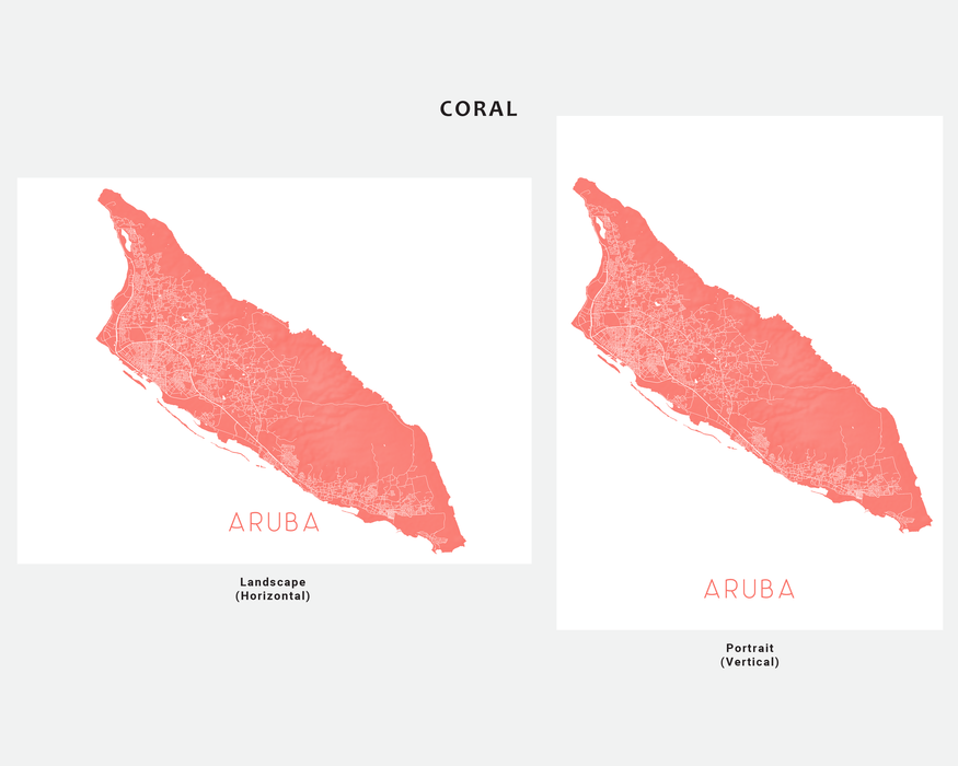 Aruba map print in Coral by Maps As Art.