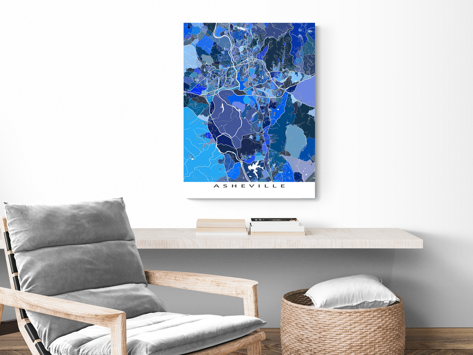 Asheville, North Carolina map art print in blue shapes designed by Maps As Art.