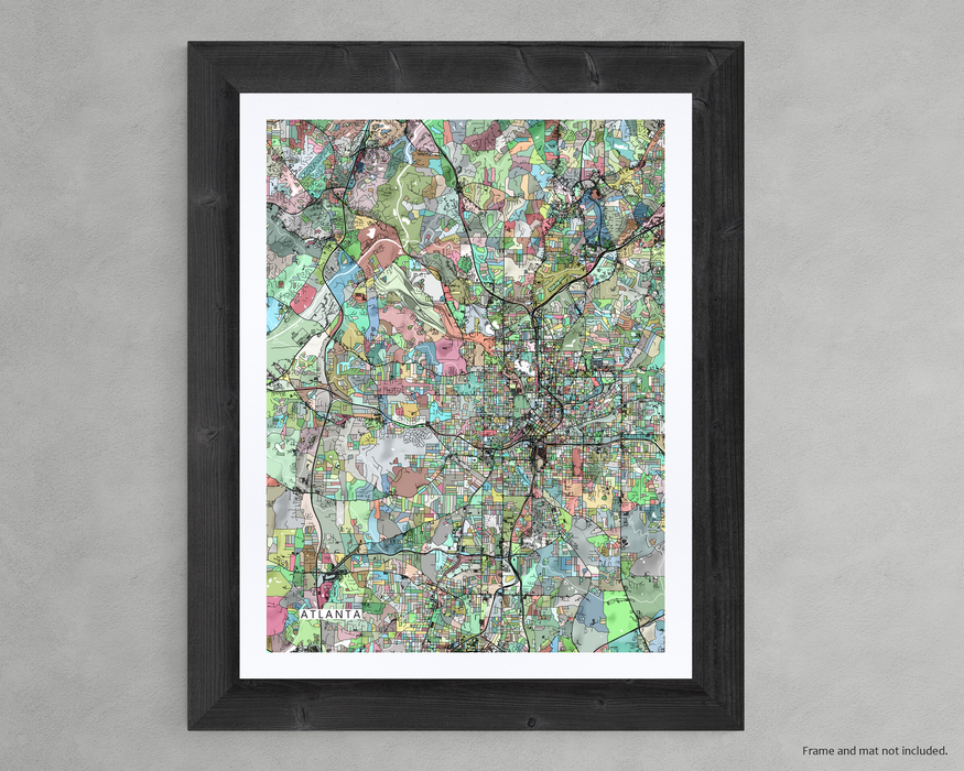 Atlanta, Georgia map art print in colourful shapes designed by Maps As Art.