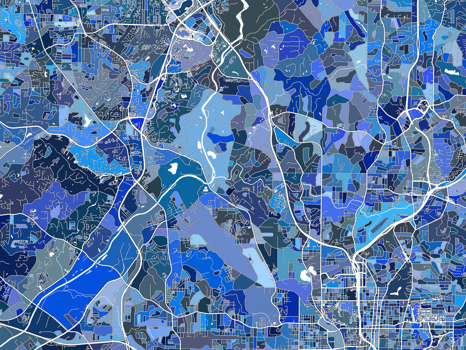 Atlanta, Georgia map art print in blue shapes designed by Maps As Art.
