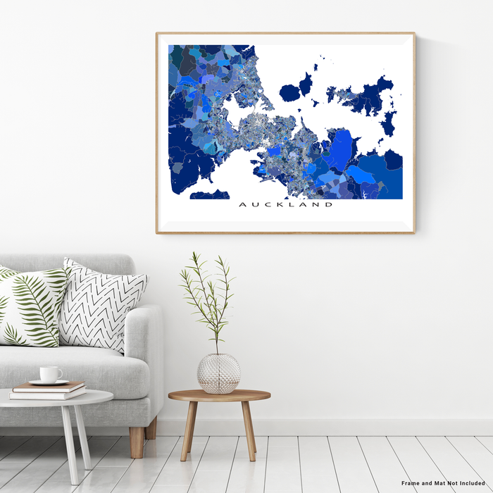 Auckland, New Zealand map art print in blue shapes designed by Maps As Art.