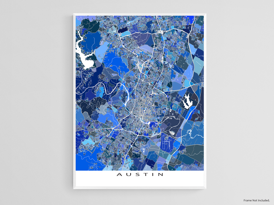 Austin, Texas map art print in blue shapes designed by Maps As Art.