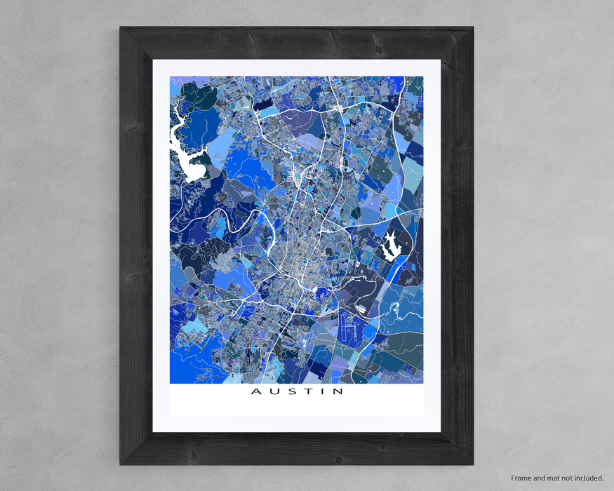 Austin, Texas map art print in blue shapes designed by Maps As Art.