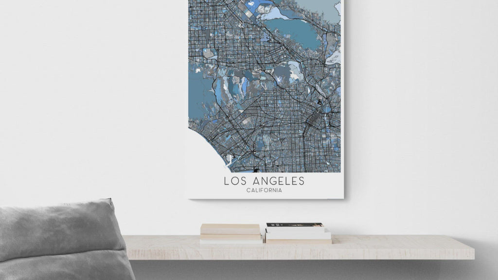 Los Angeles map print in a blue geometric design video by Maps As Art.