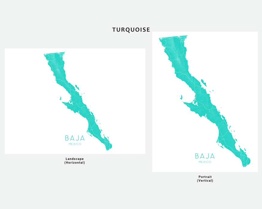 Baja, Mexico map print in Turquoise by Maps As Art.