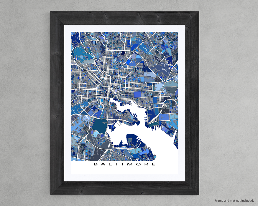 Baltimore, Maryland map art print in blue shapes designed by Maps As Art.