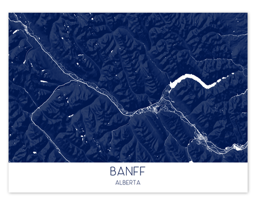 Banff, Alberta, Canada map art print with 3D topographic landscape features and main Banff streets/roads designed by Maps As Art. 