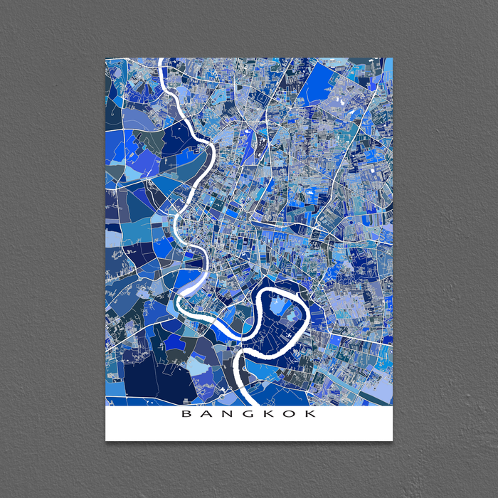Bangkok, Thailand map art print in blue shapes designed by Maps As Art.