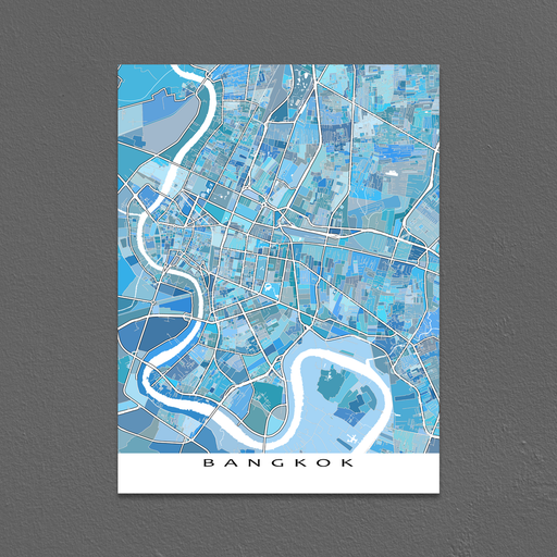 Bangkok, Thailand map art print in light blue shapes designed by Maps As Art.