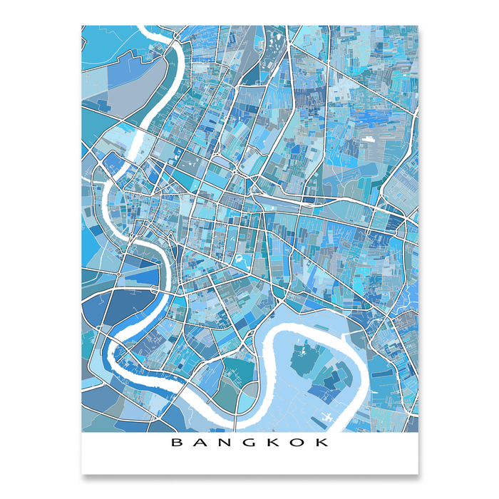 Bangkok, Thailand map art print in light blue shapes designed by Maps As Art.
