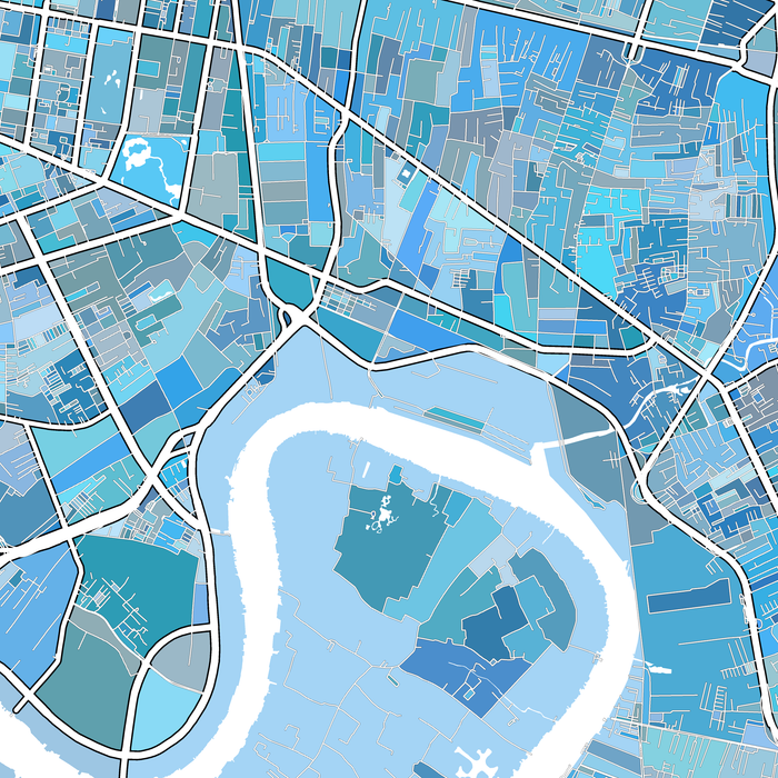 Bangkok, Thailand map art print close-up in light blue shapes designed by Maps As Art.