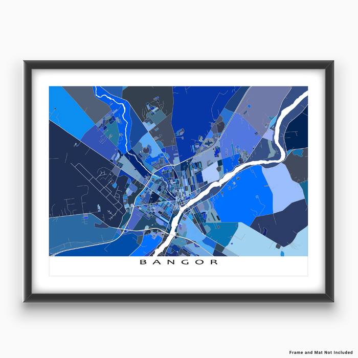 Bangor, Maine map art print in blue shapes designed by Maps As Art.