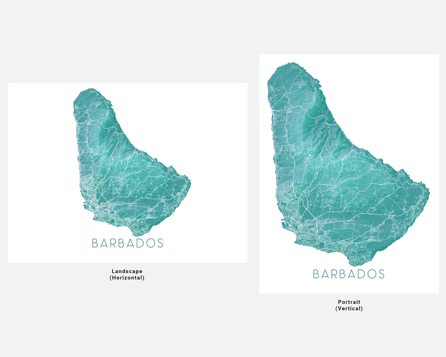 Barbados map print with a topographic turquoise design by Maps As Art.