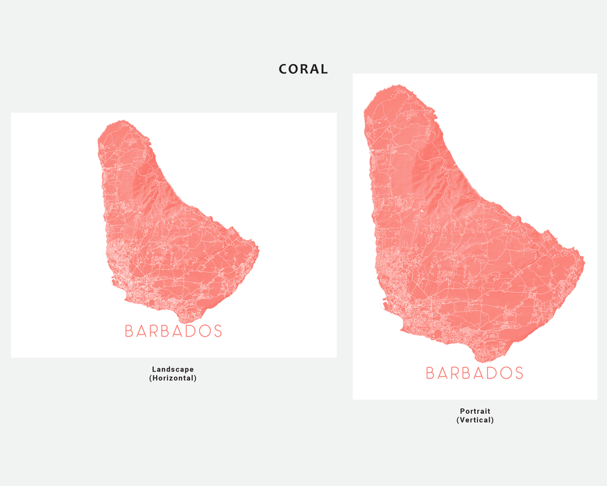 Barbados island map print in Coral by Maps As Art.