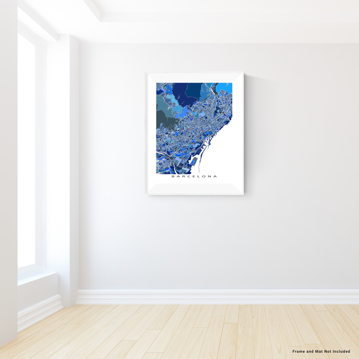 Barcelona, Spain map art print in blue shapes designed by Maps As Art.