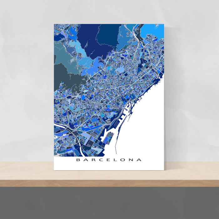 Barcelona, Spain map art print in blue shapes designed by Maps As Art.