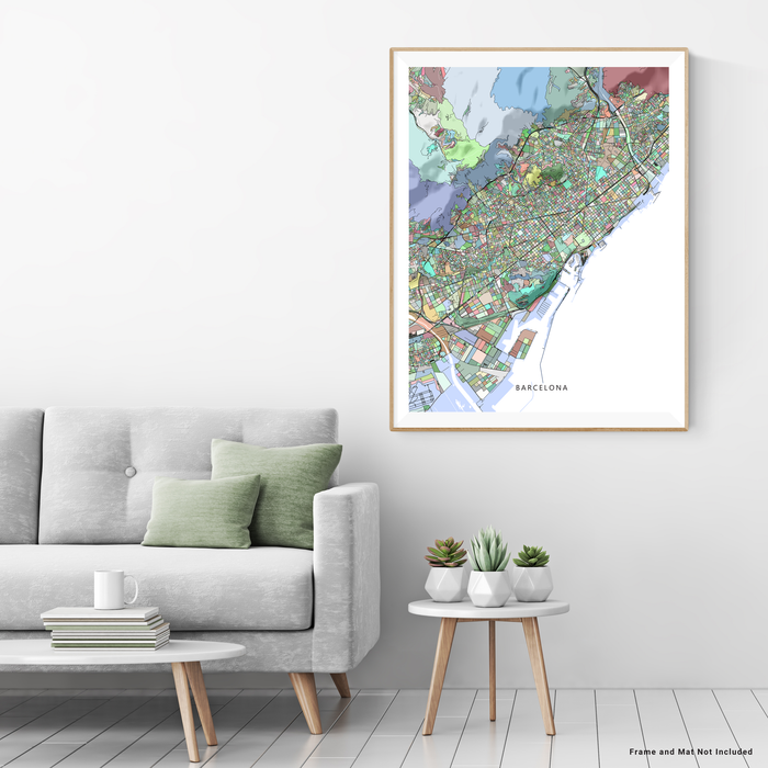 Barcelona, Spain map art print in colourful shapes designed by Maps As Art.