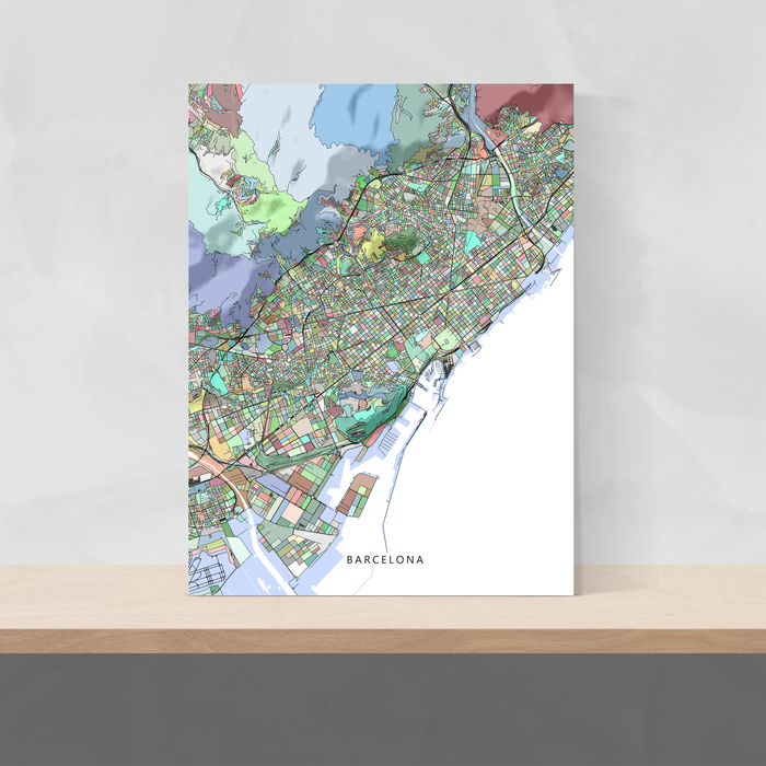Barcelona, Spain map art print in colourful shapes designed by Maps As Art.