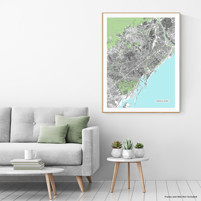 Barcelona map print with city buildings by Maps As Art.