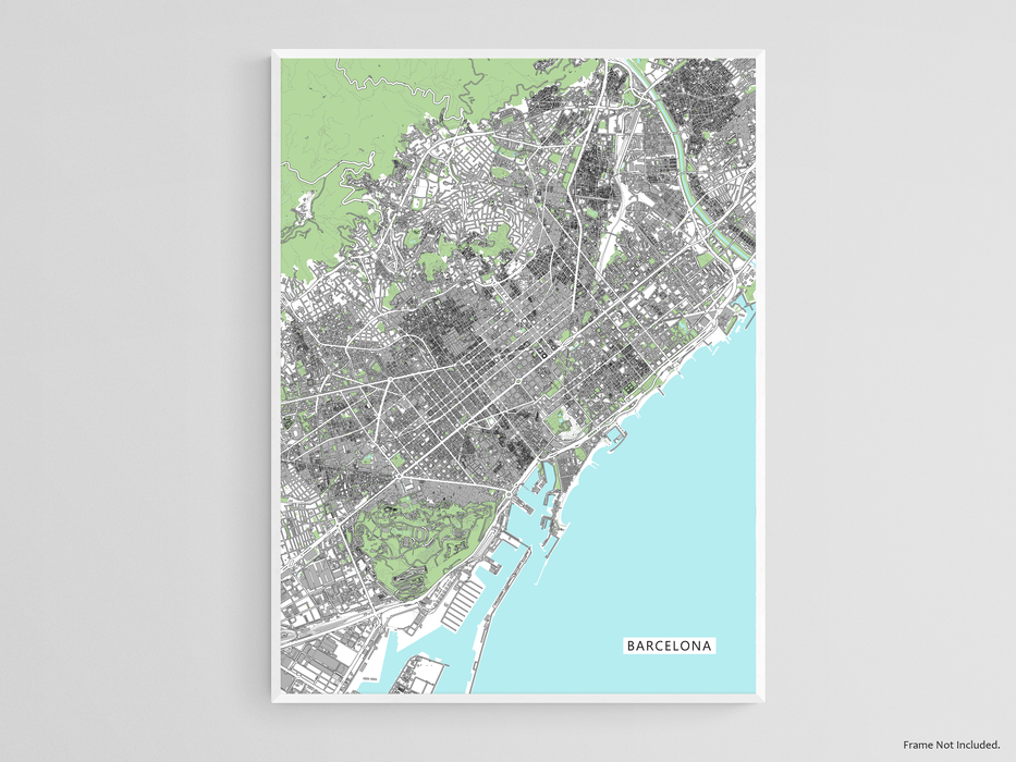 Barcelona map print with city buildings by Maps As Art.