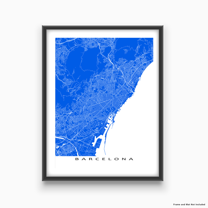 Barcelona, Spain map print with natural landscape and main roads in Blue designed by Maps As Art.