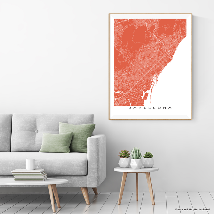 Barcelona, Spain map print with natural landscape and main roads in Terracotta designed by Maps As Art.
