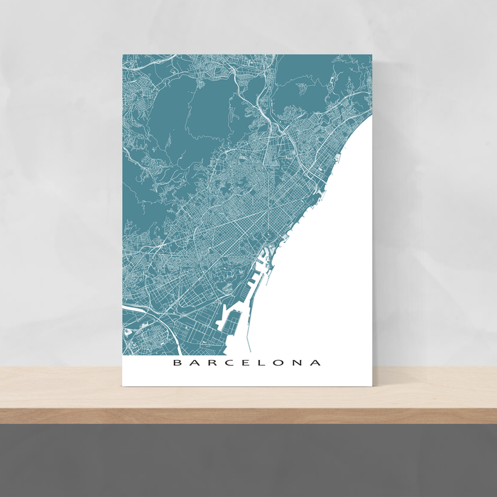Barcelona, Spain map print with natural landscape and main roads in Marine designed by Maps As Art.