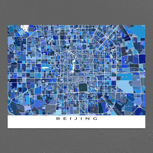 Beijing, China map art print in blue shapes designed by Maps As Art.