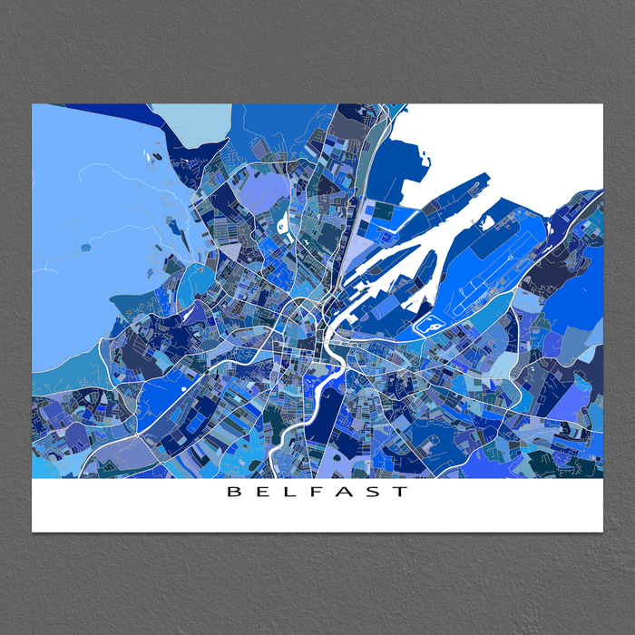 Belfast, Northern Ireland map art print in blue shapes designed by Maps As Art.