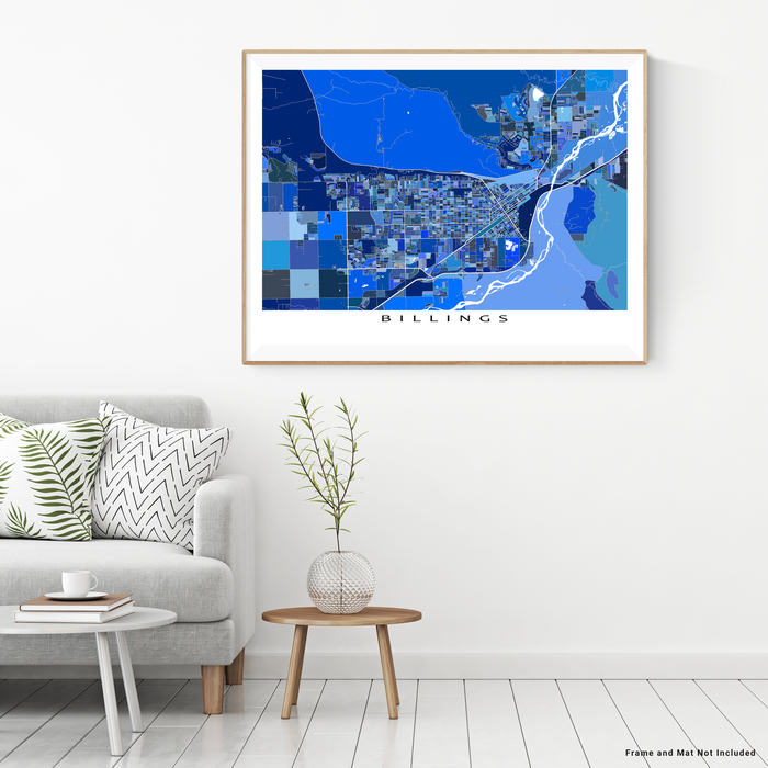 Billings, Montana map art print in blue shapes designed by Maps As Art.