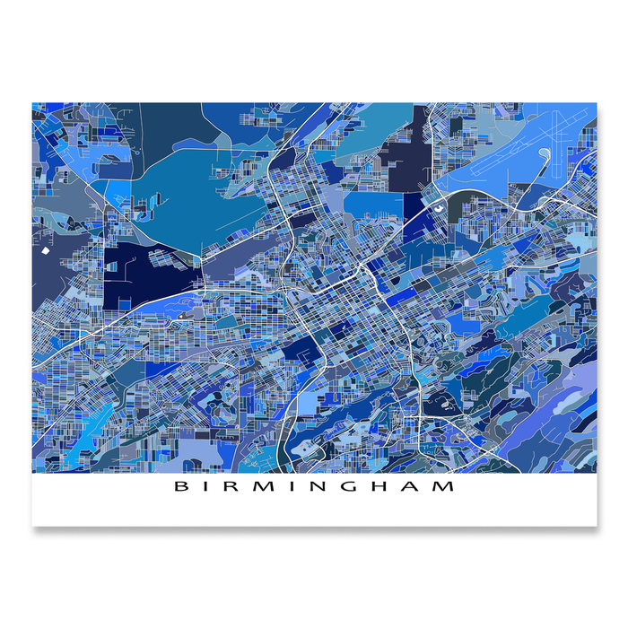 Birmingham, Alabama map art print in blue shapes designed by Maps As Art.