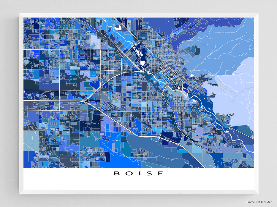 Boise, Idaho map art print in blue shapes designed by Maps As Art.