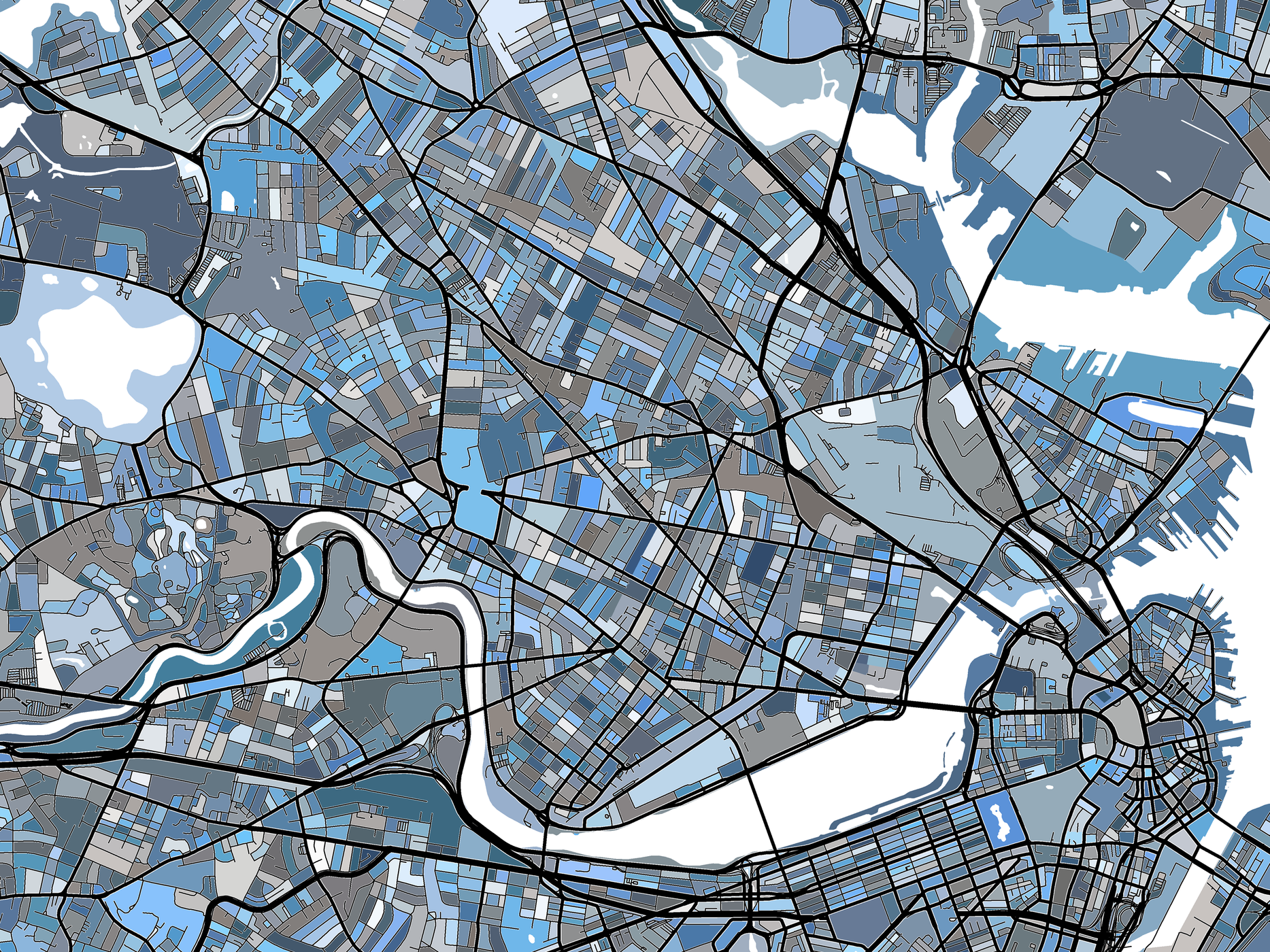 Boston Map Print - Boston Prints with Denim Blue Geometric Design, Bos ...