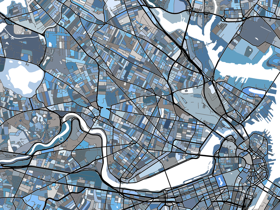 Boston city map print with a denim blue geometric design by Maps As Art.