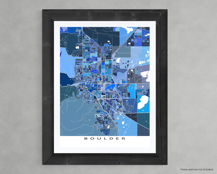 Boulder, Colorado map art print in blue shapes designed by Maps As Art.