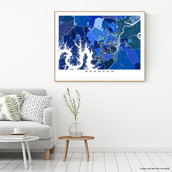 Branson, Missouri map art print in blue shapes designed by Maps As Art.