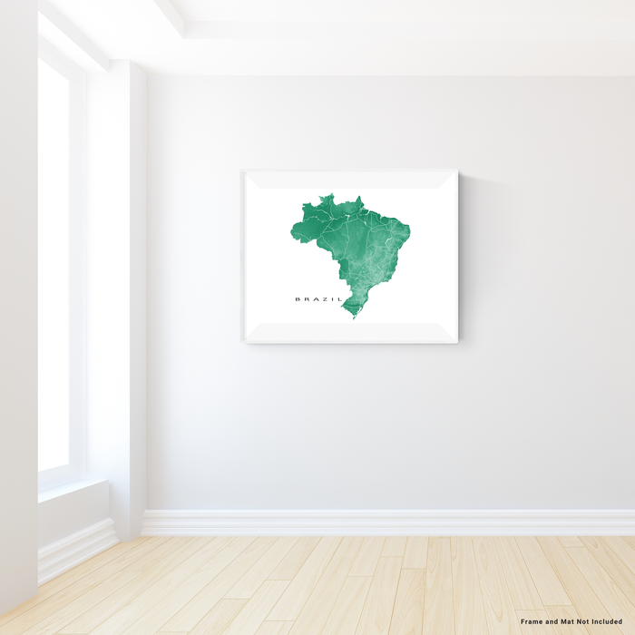 Brazil map print with natural landscape and main roads in Green designed by Maps As Art.