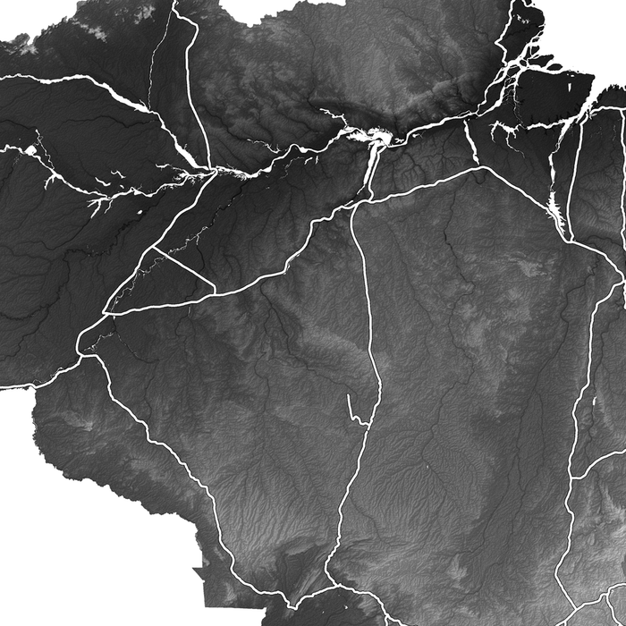Brazil map print close-up with natural landscape and main roads designed by Maps As Art.