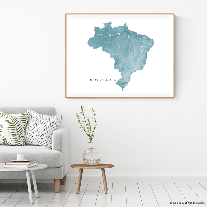 Brazil map print with natural landscape and main roads in Marine designed by Maps As Art.