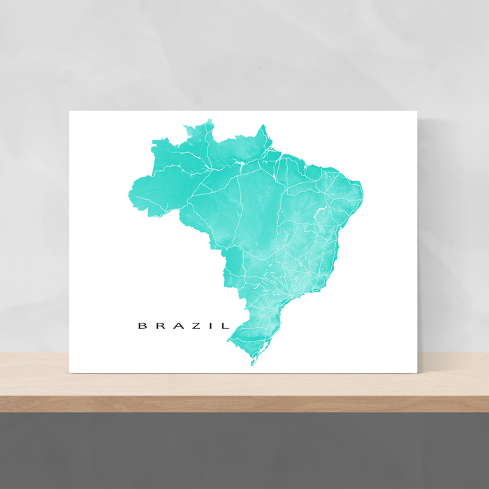 Brazil map print with natural landscape and main roads in Turquoise designed by Maps As Art.